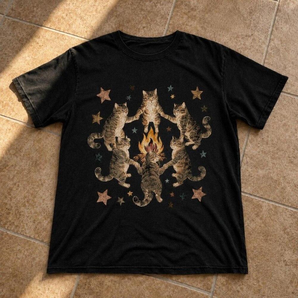 Cat Campfire Graphic Tee Black Unisex